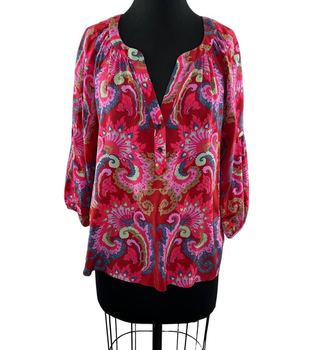 TIBI New YorK Red Tunic Top Silk Paisley Print V-Neck Dropped Shoulder Size 8